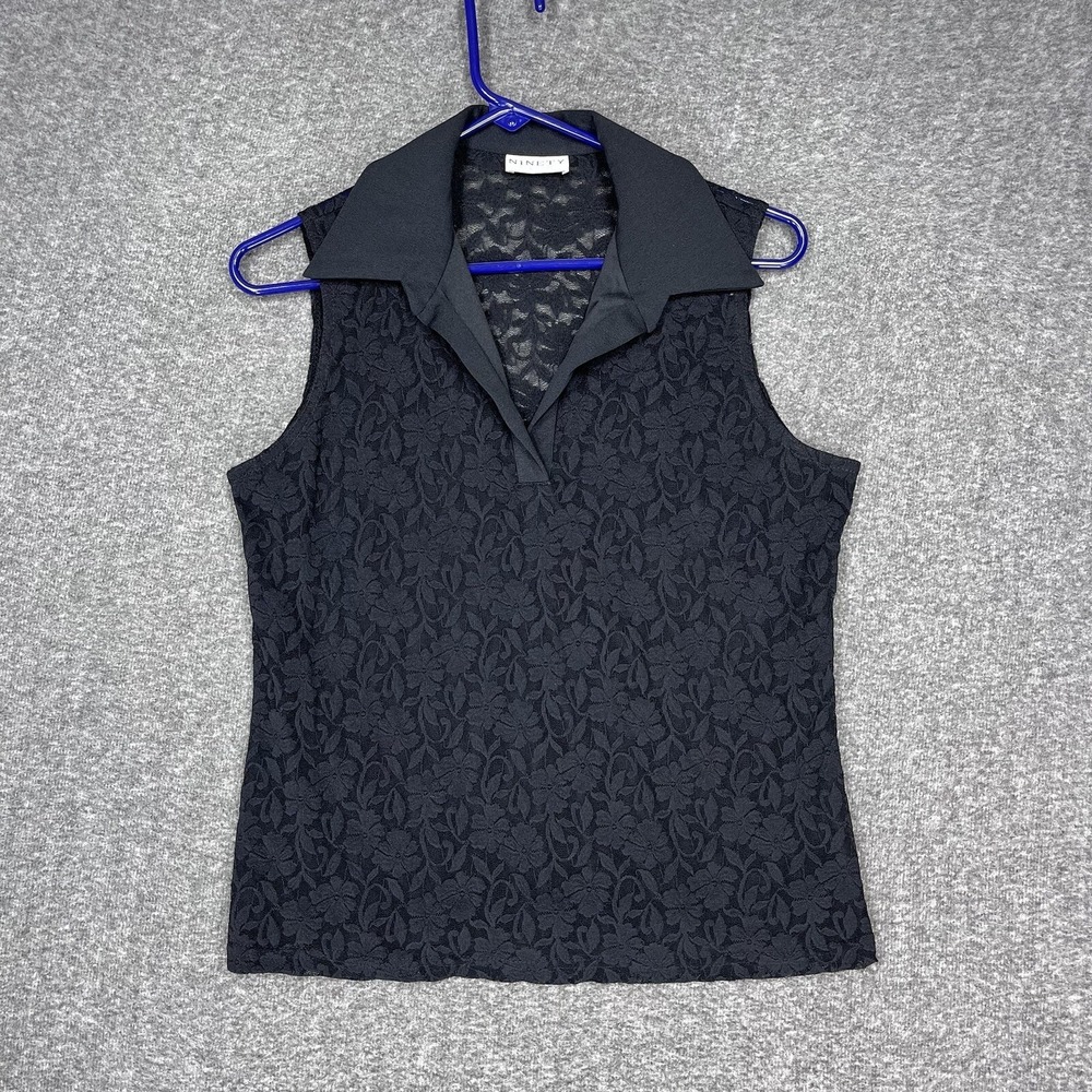Y2K Ninety Sleeveless Black Lace Sheer Collared Blouse Stretch Womens L USA Made